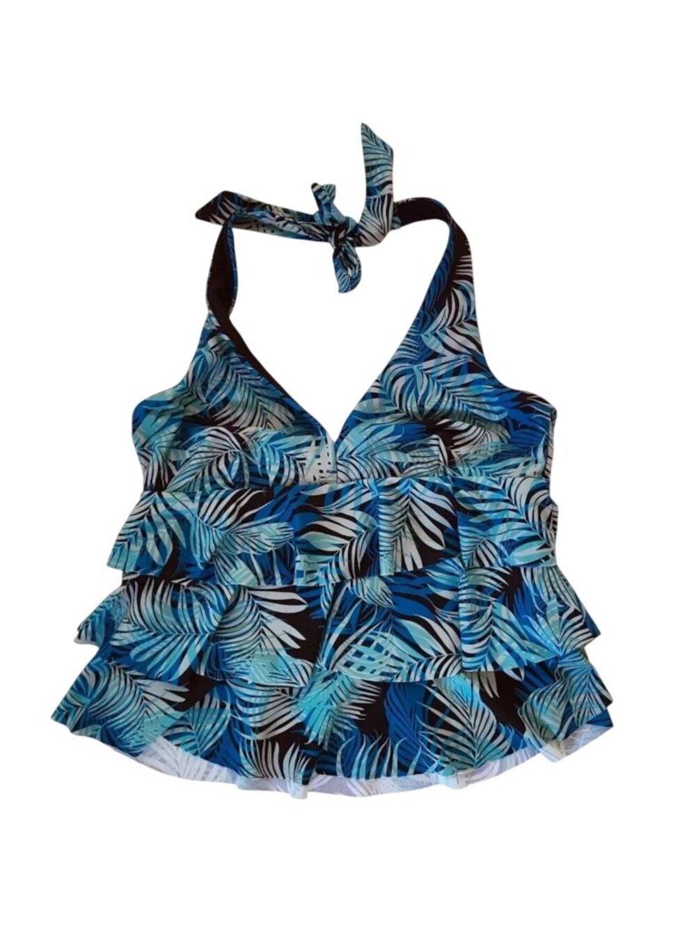 Time & Tru Womens Blue Tropical Print Ruffled Halter Swimsuit Top  S (4-6) NEW